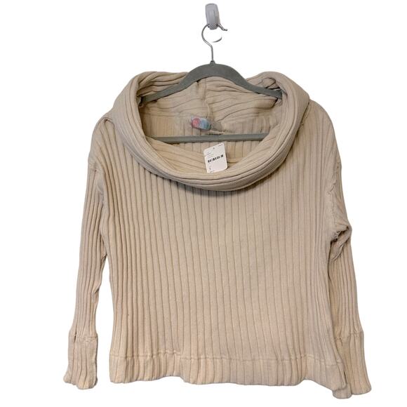 NWT Free People Beach 100% Cotton Stevie Pullover Cream Ribbed Off Shoulder - Picture 1 of 7